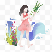 端午节拿着绿叶的女孩插画