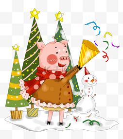创意手绘圣诞树图片_卡通手绘厚涂创意猪猪过圣诞节插