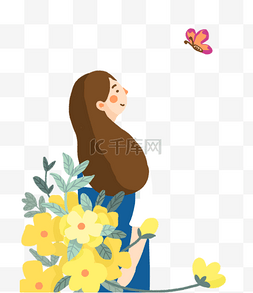 蝴蝶装饰手绘图片_女孩与花朵蝴蝶装饰插画