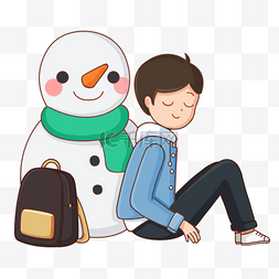 走一起去图片_手绘靠着雪人的男孩插画