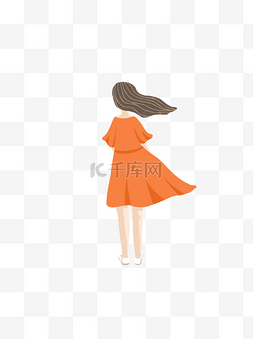 飘起的橙色长裙和长发的卡通女孩