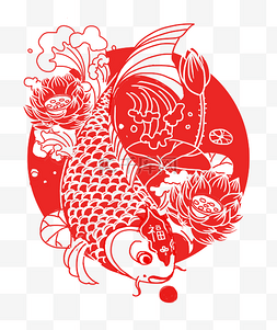 春节剪纸图片_春节红色喜庆鲤鱼剪纸手绘插画