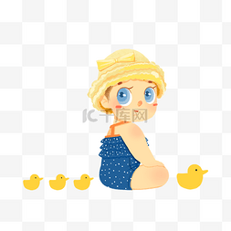 黄色卡通小鸭子图片_坐在地上穿泳装的小姑娘
