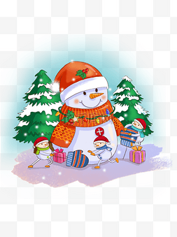 圣诞手绘场景图片_手绘创意圣诞节堆雪人系列场景精