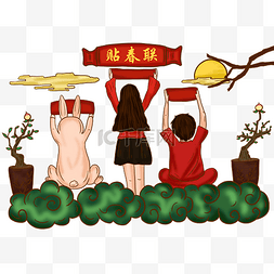 手绘卡通新年复古插画春节习俗贴