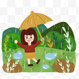 清明谷雨在树林打伞的小女孩