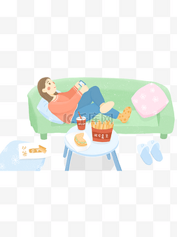 常温可乐图片_手绘卡通女孩躺在沙发玩游戏元素