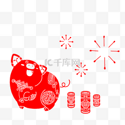 手绘猪剪纸图片_新年红色的金猪剪纸插画