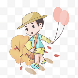 小男孩手绘气球图片_手绘秋季游玩的小男孩