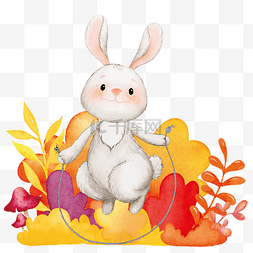 秋天的插画图片_立秋草地跳绳的兔子