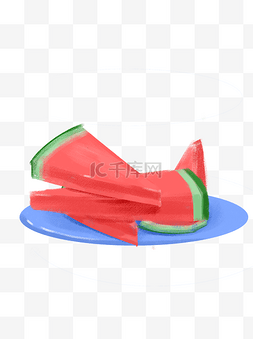 盘子中水果图片_手绘风格蓝色盘子中的西瓜