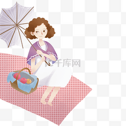 38妇女节展架图片_卡通女孩打伞坐在地毯上