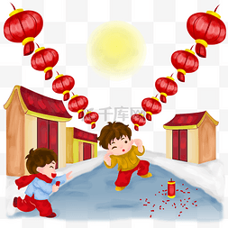 红色鞭炮插画图片_新年红色的灯笼和小孩插画