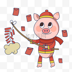 红包图片_手绘新年放鞭炮小猪插画