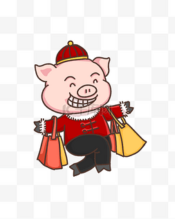 春节卡通猪买年货手绘