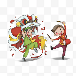 创意春节海报图片_卡通手绘春节过年开心舞龙狮创意