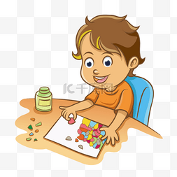 幼儿手工图片_六一儿童节手绘做手工的小男孩PNG