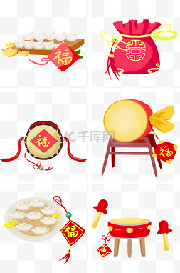 中国古典剪影图片_中国风喜庆色福袋锣鼓饺子