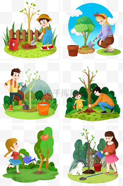 绿色卡通植树节图片_手绘植树节合集插画
