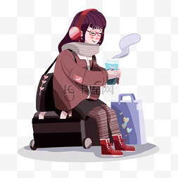 春运车站女生坐在行李箱上