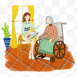 美女关爱老人探望轮椅上的老奶奶