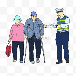 交警执勤图片_卡通交警执勤带老人过马路插画