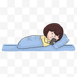 床图片_女子躺床上玩手机漫画手绘插画psd