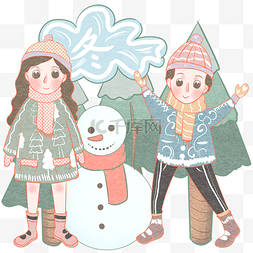 冬季双人堆雪冷色调儿童插画