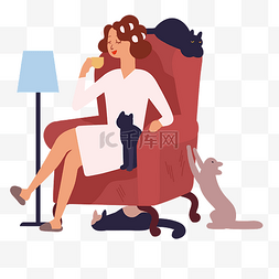 悠闲时光坐在沙发上女人和猫