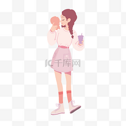 马尾女生图片_女生节女孩自拍喝奶茶春季穿搭png