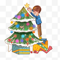 圣诞节小男孩圣诞树手绘插画
