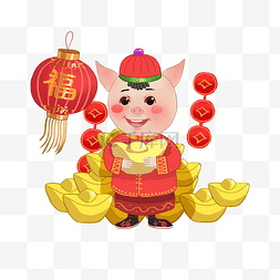 金色手绘灯笼图片_新年小猪和元宝插画