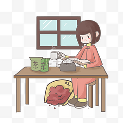 卡通养生茶图片_手绘煮养生茶女孩人物插画