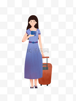 女生指着图片_拉着行李箱的女人插画元素