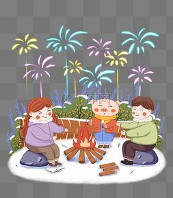 新年跨年围在一起烤火的人和猪