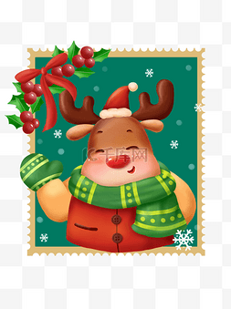圣诞树叶手绘图片_手绘圣诞邮票贴纸打招呼麋鹿欢乐