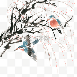 树与小鸟水墨画PNG免抠素材