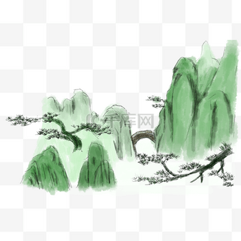 卡通手绘水墨中国风国画青山水墨画手绘免抠png