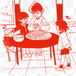 中国传统花窗图片_剪纸风格插画和奶奶包饺子