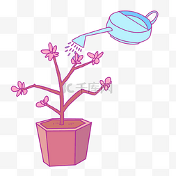 洒水壶插画图片_粉色植物盆栽浇水插画