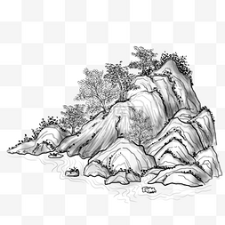 石头免抠素材图片_中国风水墨画石头植物手绘