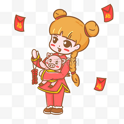 春节新春开年猪年少女抱金猪放鞭