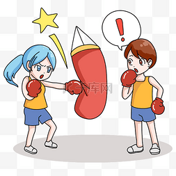 男孩女孩打拳击卡通全面运动插画