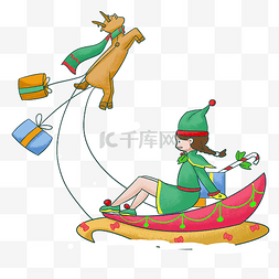 圣诞手绘场景图片_圣诞节小女孩做雪橇
