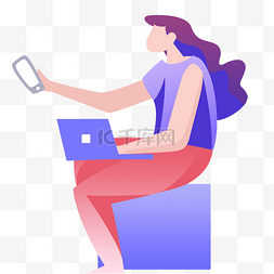卡通职业女性图片_扁平化坐着玩手机的职业女性免抠
