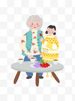 乖巧女孩和老奶奶一起吃水果喝下