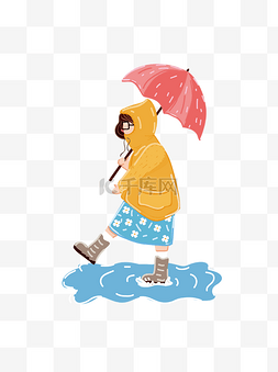 彩绘图片_彩绘下雨撑伞穿雨衣的小女孩ai素