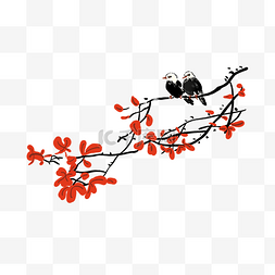 枫叶树枝素材图片_工笔花鸟红色枫叶和小鸟