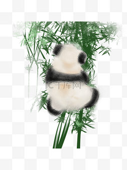 商用手绘水墨风爬竹子的熊猫中国
