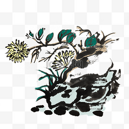 中国风花草墨迹手绘插画